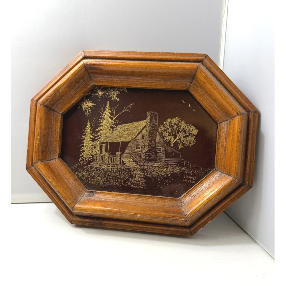 Les Seamster Metal Etching Art Original Signed Log Cabin Forest Wood Frame